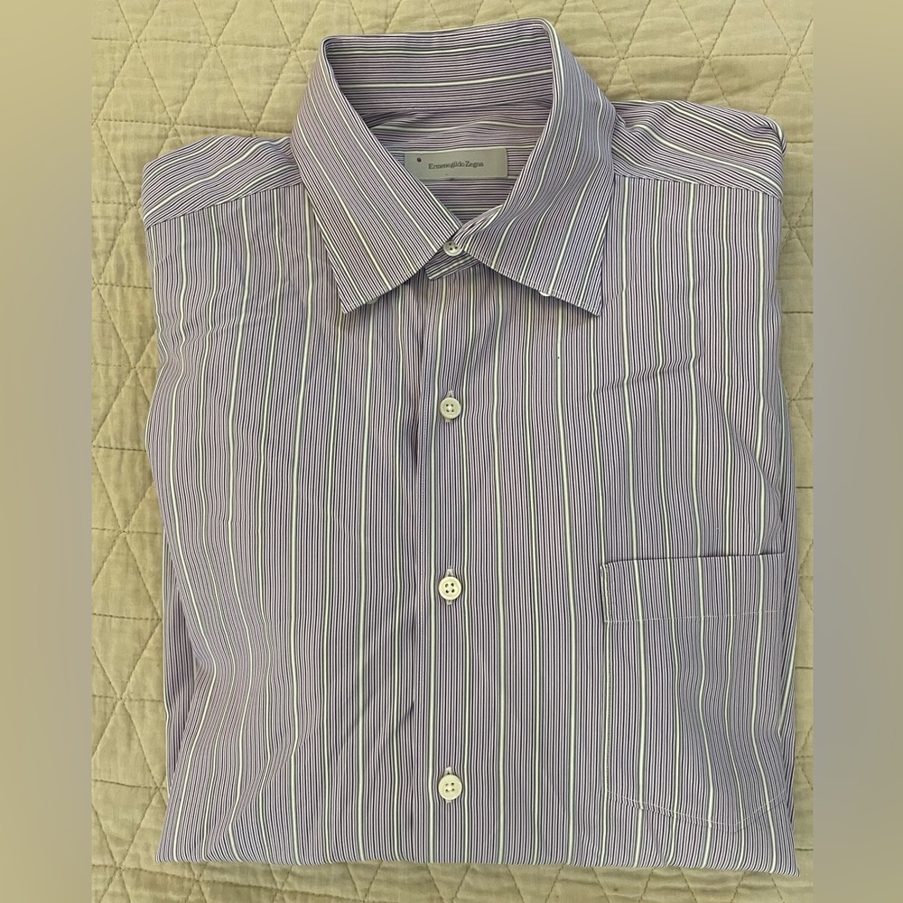 Ermenegildo Zegna Vintage Button Under Collar Stripe Shirt in Lavender Size L